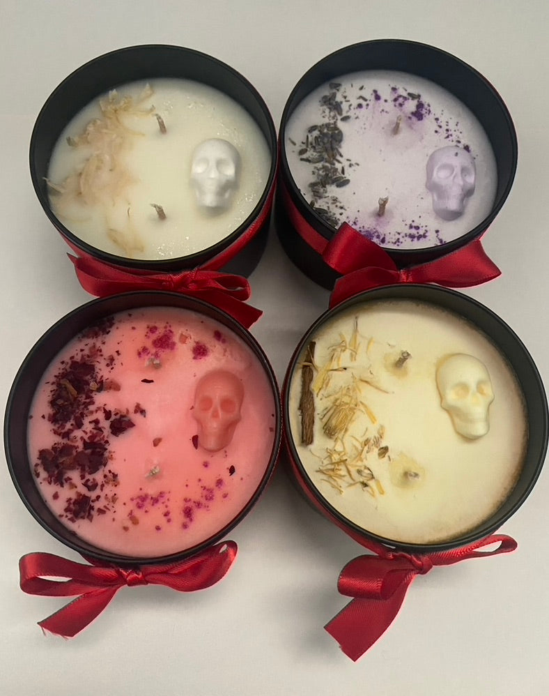 Soy wax candles made with essential oils blended with lavander, cinnamon, geranium, and vanilla.